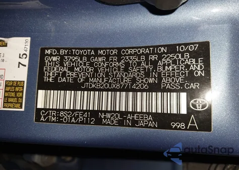 2008 Toyota Prius from USA, damaged, VIN JTDKB20UX87714206